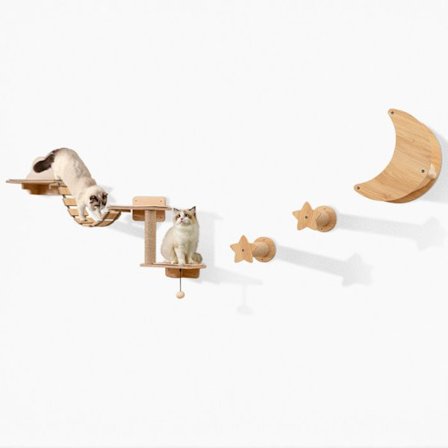 Väggmonterad Kattställning 6PCS med 2 Nivåer COSTWAY, Hamak, Bro, Plattform, Stege, Klösstolpar, Upphängd Leksak, DIY Lekområde