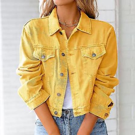 Kvinnors Solid Denimjacka Långärmad Ming Cardigan Suit Ficka Rock Topp (M Gul)