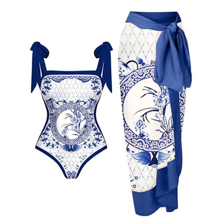 En-delt badedragt til kvinder med todelt nederdel, flerfarvet print, sexet