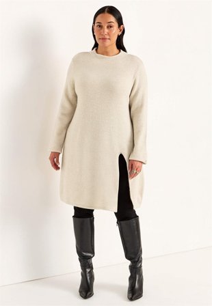 Cellbes of Sweden - Strikket tunika med slids i lys beige melange til damer i størrelse 34/36