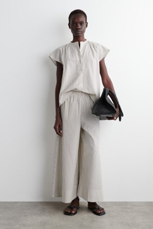 COS Women's Striped Seersucker Flared-Sleeve Blouse in Blue