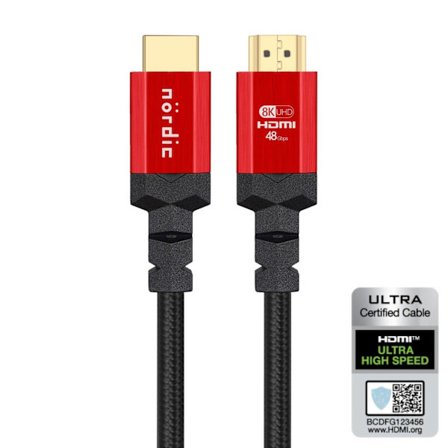 NÖRDIC CERTIFIED CABLES 50cm Ultra High Speed ​​HDMI 4K 8K 60Hz 120Hz 48 Gbps Dynamic HDR eARC VRR nylon flettet kabel Forgyldte kontakter HDMI 2.1