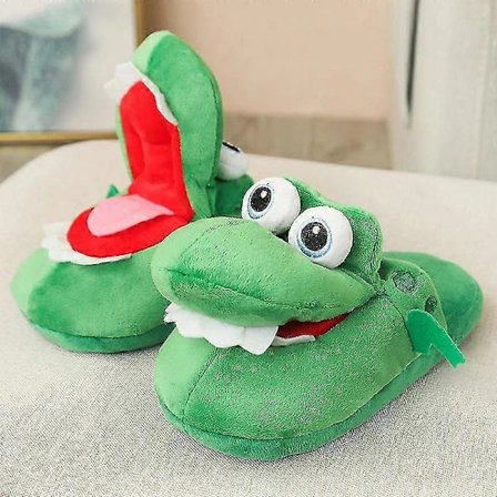 Dame sko krokodille plysjtøfler med åpen munn bomullstøfler med bevegelig munn for vinter grønn L