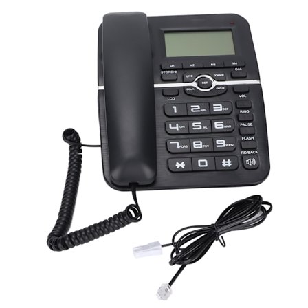 Kablet fasttelefon med anrops-ID, håndfri, 4 hurtigvalg, skrivebordsmodell med LCD-skjerm for hjem og hotell, svart