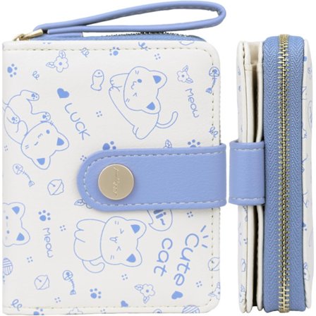 Katte-tema pung, lille og sød pung, minimalistisk katte-design, rejsepung til kvinder, kreditkortholder i læder med ID-vindue. Blå