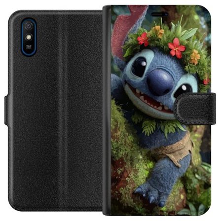 Xiaomi Redmi 9A Lommeboketui Stitch tropisk blomsterkrans i jungelen søt blå karakter aloha øy natur kawaii livlig kunst eventyr