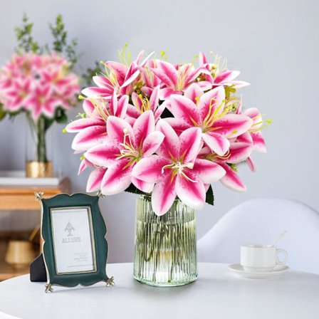 4 Buketter Silke Tigerlilje Kunstige Blomster til Bryllup og Hjemmedekor, Roserød