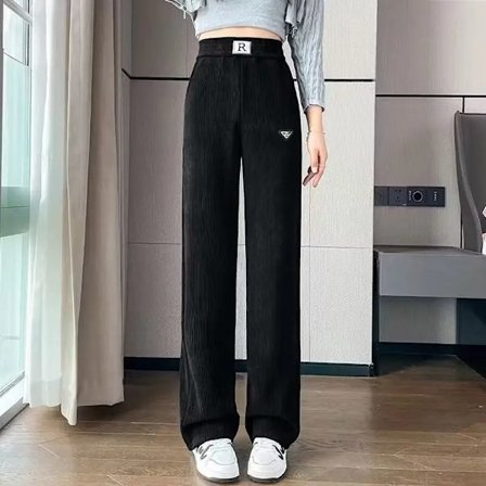 Dam Enfärgad Elastisk Midja Bokstav Byxor Höst och Vinter Hög Midja Ficka Rak Casual Vida Ben Byxor Svart tunn S(42.5-47.5)kg