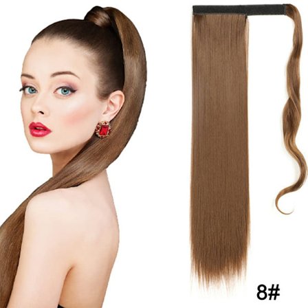22" syntetiska hästsvansförlängningar linda runt lång rak falsk hästsvans Mjuk klämma i hårförlängningar Pony Tail falskt hår
