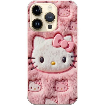 Kompatibelt Mobildeksel til Apple iPhone 14 Pro Hello Kitty rosa fluffy bakgrunn med ikoniskt ansikt og kawaii-estetikk