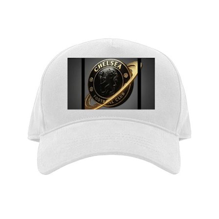 Kaps Chelsea-emblem i svart og gull med løvemotiv, ringformet design og sveipende gull-effekt på mørk elegant bakgrunn