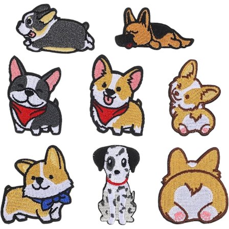 8 stk. Hundemerker Strykemerker Søte Corgi Collie Dalmatiner Symerker Broderte Valpe Reparerende Applikasjoner for DIY Klær Jakker Ryggsekk J