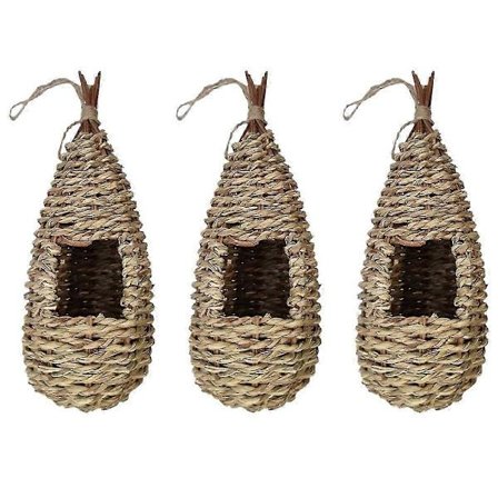 3X Hængende fugleredekasse til haven, avlsrede, håndvævet græs, kompatibel med udendørs ophængning