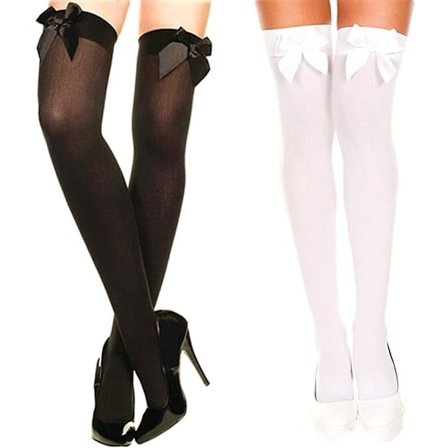 2 par med knehøye sokker med sløyfe (svart + hvit) - Dame ugjennomsiktige strømper Sexy dame knehøye sokker med sløyfe, one size fits all