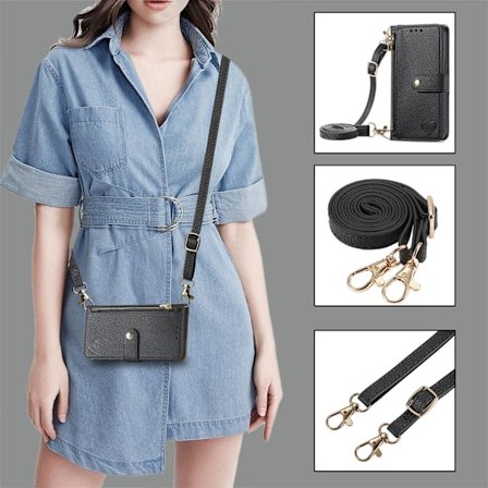 Etui til iPhone 16 Plus svart [1,2M diagonal langt armbånd] lær lanyard litchi mønster kort sl