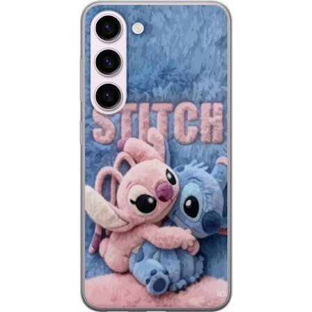 Kompatibelt Mobilskal till Samsung Samsung Galaxy S23 Söta fluffiga Stitch och Angel kramas på ett mjukt pälsigt underlag med pastellfärger som sk