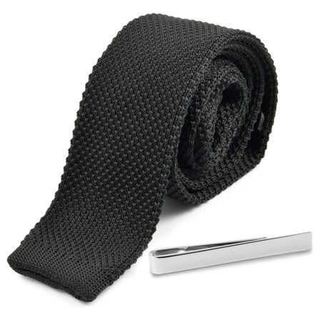 Set de corbata de punto negra y pasador de corbata plateado para hombres - Sets de corbatas