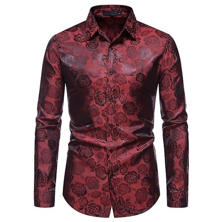 Allthemen Herre Casual Slim Lapel Rose Floral Langærmet Skjorte