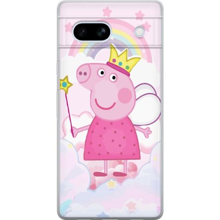 Kompatibel Mobilcover til Google Pixel 7a Peppa Pig prinsessemotiv med krone, vinger og regnbue, eventyrligt børneillustration på skybaggrund