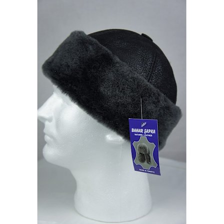 Svart/Grå Fårskinn Shearling Läder Päls Mössa Rund Hink Hatt Vinter S-3XL