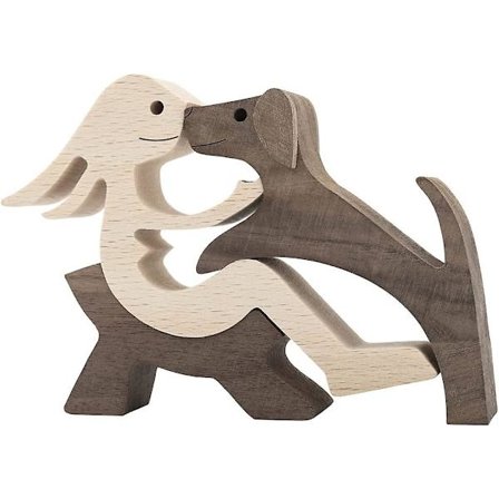 Trehund Katt Familie Statue, Håndlaget Tredekorasjon, Søt Valp, Pus og Folk Statue Skulptur Ornament Samleobjekt Figur Håndverkskunst For Hjemmet