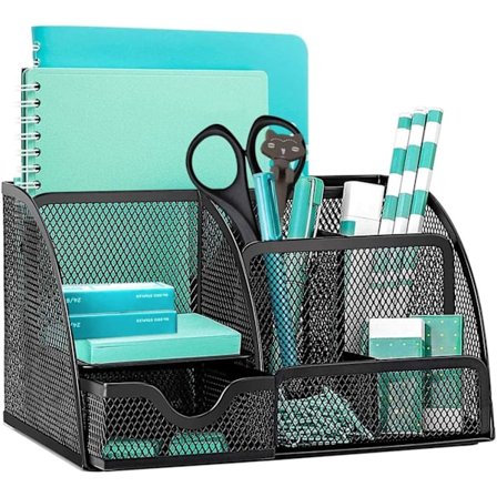 Skrivebordsorganisator i netting, multifunksjonell skrivebordsoppbevaring og pennholder med 6 rom og 1 uttrekkbar skuff, stasjonær organisator