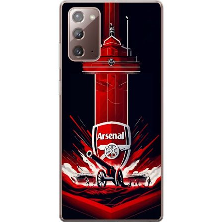Yhteensopiva Puhelinkuori Samsung Galaxy Note20 Arsenal-embleemi, jossa tykki ja stadionmotiivi voimakkaassa punaisessa ja valkoisessa urheilusuunnitt