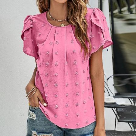 Dame T-skjorte Rund Hals Chiffon Topper Polka Dot Tunika Bluse Casual Blomst-Erme Tee Rose Red S