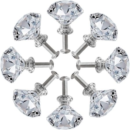 8 st Silver Kristall Skåpdörrsknoppar, Diamantslipad Zinklegering med Skruvknoppar för Skåp, Garderober, Lådor, Byrå, Heminredning
