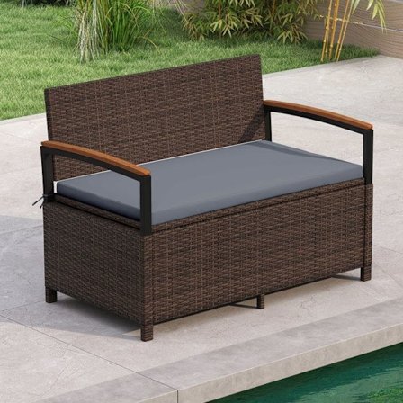COSTWAY Udendørs Opbevaringsbænk, Rattan PE Kiste med Pude, Ryg og Armlæn i Akacietræ, Vandtæt Taske, Grå