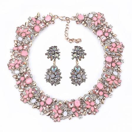 Chunky halskjede Rhinestone kostyme smykkesett Rosa Xq-ps112