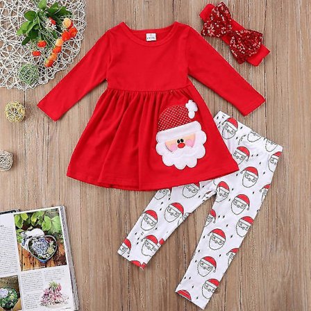 Outfitsæt Jul Børn Piger Juleoutfitsæt Julemandskjole Leggings Hårbånd No3589