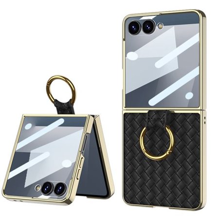 Skal för Samsung Z Flip 7, Ringstativ med liten skärmfilm (Svart)