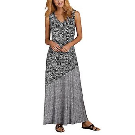 Fianao Kvinders Løstsiddende Kjole Vintage Geometrisk Print V-Hals Ærmeløs Kjole til Strand (2XL Sort)