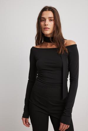 Chloé Monchamp x NA-KD Haut à manches longues et encolure fantaisie - Top dos nue - Noir - X-Large