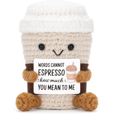 Positiv Hæklet Kaffeven - Følelsesmæssig Støtte Amigurumi med Inspirerende Kort & Jokes, Hjertevarmende Gave til Venner