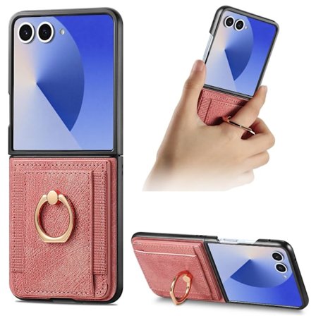 Etui til Samsung Galaxy Z Flip 7 med kortholder, innebygd roterende ringstativ (rosa)