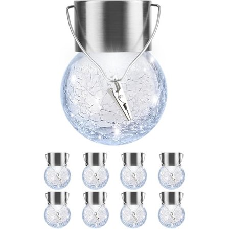 Solcellelamper Udendørs Hængende Dekorative Kugler 8-pak, Vandtæt Solcellelygte med Håndtag og Klemme, Solcelle Glasbold Lys til Have Gårdsplads