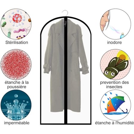 5 stk. tøjbetræk med lynlås, støvtæt mølsikker, vaskbare gennemsigtige tøjbeskyttelsesbetræk til lange kjoler/skjortejakkesæt/frakker (60x140cm) - 