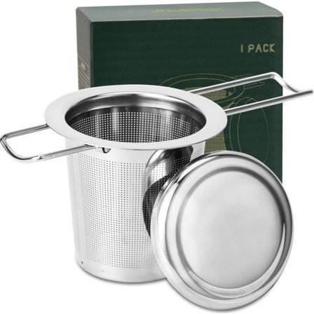Te-infuser, 304 rostfritt stål te-sil med lock och fällbart handtag, tefilter för tekannor koppar muggar för att brygga lösa blad, 1-pack