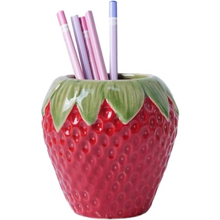 Mansikkakynäteline, keraaminen kynäteline, söpö kynäteline työpöydälle, meikkisivellinteline kouluun, kotiin, toimistoon (punainen)