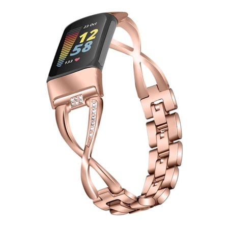Fitbit Charge 5 klockarmband med Rhinestone X-design - Roséguld