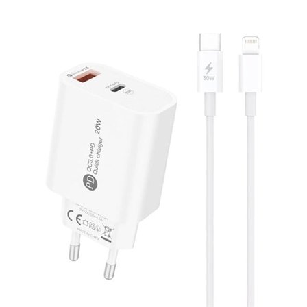 Snabbladdare 20W med USB-C & USB-A + Lightning-kabel – Vit