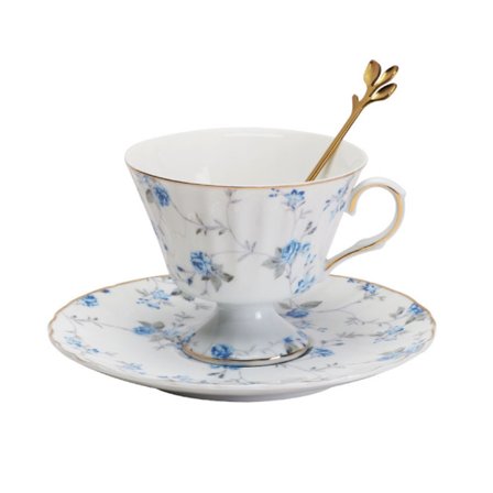 Vintage Blå Blomstret Tekopp og Skålsett, Elegante Hvite Porselen Tekopper for Kvinner, 150ml Retro Kaffekopp for Cappuccino og Latte