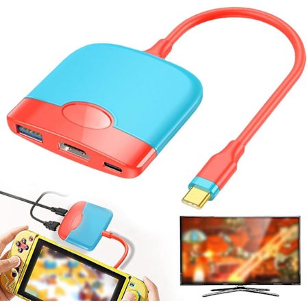 (blå + röd) Dockningsstation för Nintendo Switch OLED, USB Typ C till HDMI-adapter med 4K HDMI, Switch 3-i-1 USB-C-hubb med USB 3.0 Typ C-port