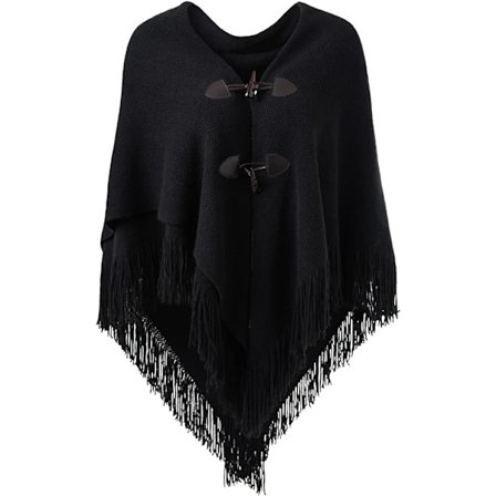 Elegant varm dam poncho sjal (svart) öppen fram med fransar