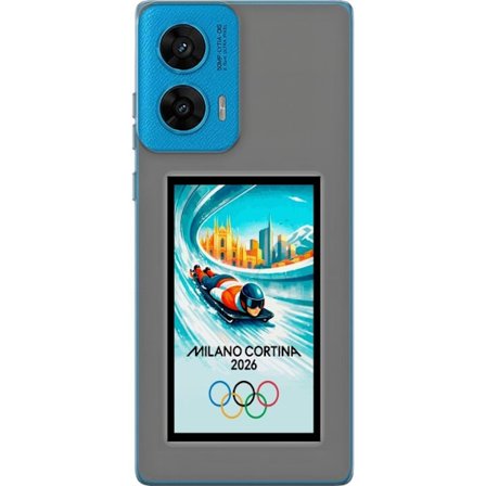 Yhteensopiva Puhelinkuori Motorola G96 Dynaaminen kelkkailija tai skeleton-ajaja jääkanavalla Milanon Cortina 2026 kanssa, kaupunkinäkymä ja olympiala