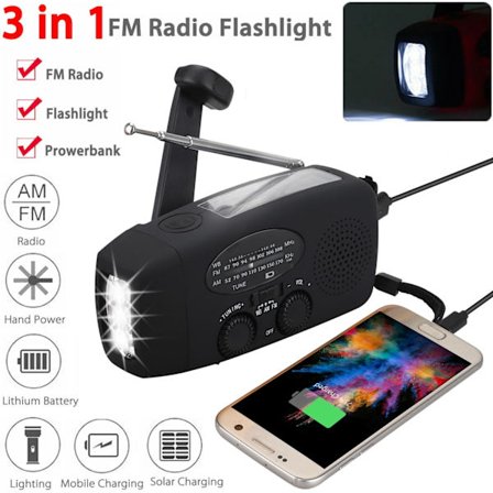 Vevradio med solceller, lommelygte og 1200mAh Powerbank SOS-WELLNGS