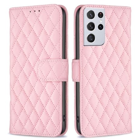 Rombemønster, matt flip-deksel for Samsung Galaxy S21 Ultra 5G - Rosa