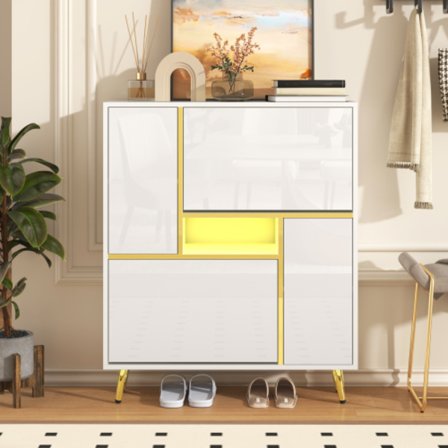 Skoskab hvid 80x25x96 cm med 16-farvet LED-belysning og højglans front